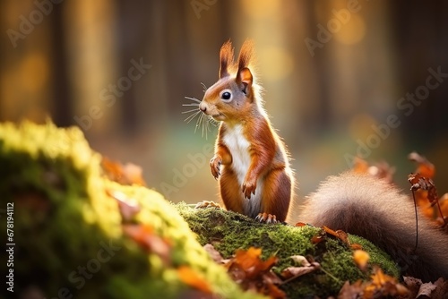Red squirrel sitting in the autumn forest, Sciurus vulgaris © Lubos Chlubny