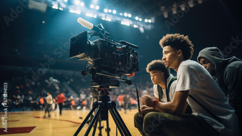 Three friends watching basketball game near professional video camera