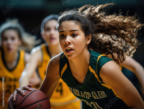 Young female basketball player in action during a basketball match