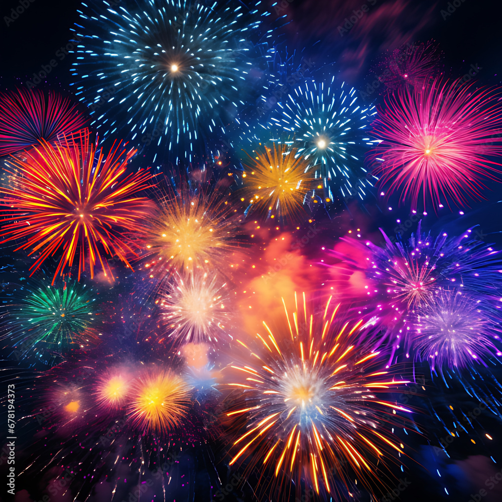 Naklejka premium Vibrant colors illuminate exploding firework display at celebration - AI Generated