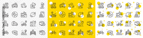 Outline Parking security, Wholesale goods and Warning road line icons pack for web with Car leasing, Bicycle, Transport insurance line icon. Bike delivery, Roller coaster. Vector
