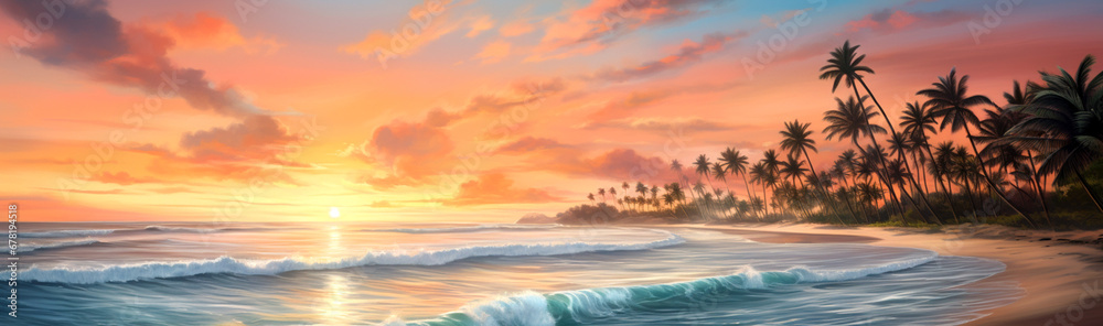 Obraz premium Image of beach scene with palm trees at sunset. Generative AI