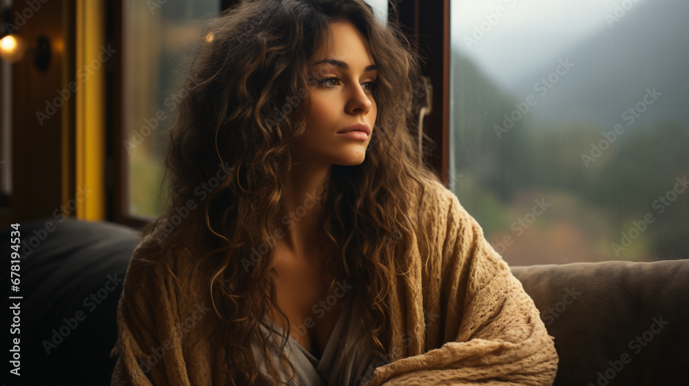 Wide horizontal photo of a cute lady sitting near a window seat in a train misty background with mountain landscape outside  
