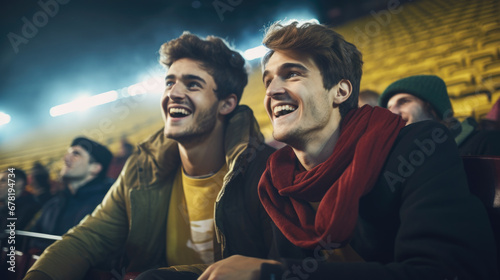 Live football game with young friends, bright energetic stadium
