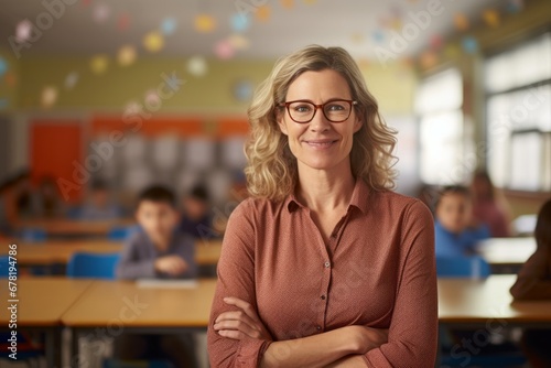 Portrait of a cheerful woman in her 40s dressed in a relaxed flannel shirt against a lively classroom background. AI Generation
