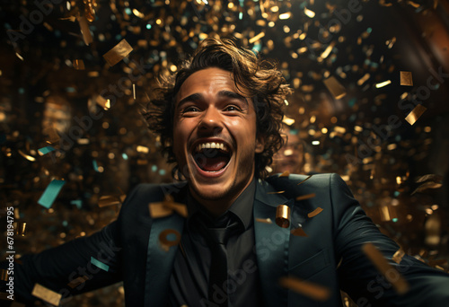 young successful man in a suit is euphorically happy and it rains golden confetti