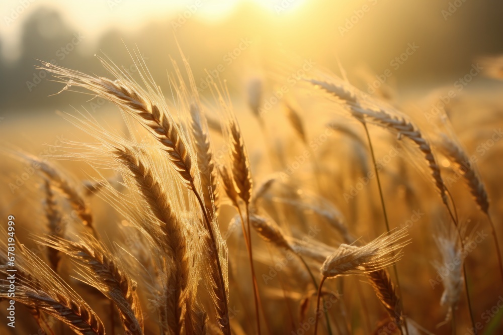 Golden harvest. Wheat field under summer sun. Nature bounty. Ripe wheat crop in countryside. Sunset over fields. Rural farming landscape