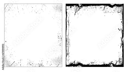 Grunge overlay textures with dust grain isolated on white background. Set of vector paint brush stroke, ink splash and grungy decoration elements for social media. Distressed vintage banner frame.