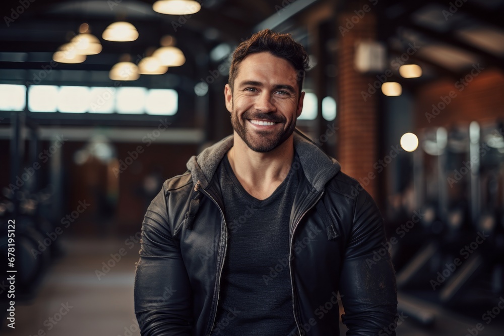 Portrait of a smiling man in his 30s sporting a rugged denim jacket against a dynamic fitness gym background. AI Generation Portrait of a smiling man in his 30s sporting a rugged denim jacket against a dynamic fitness gym background. AI Generation