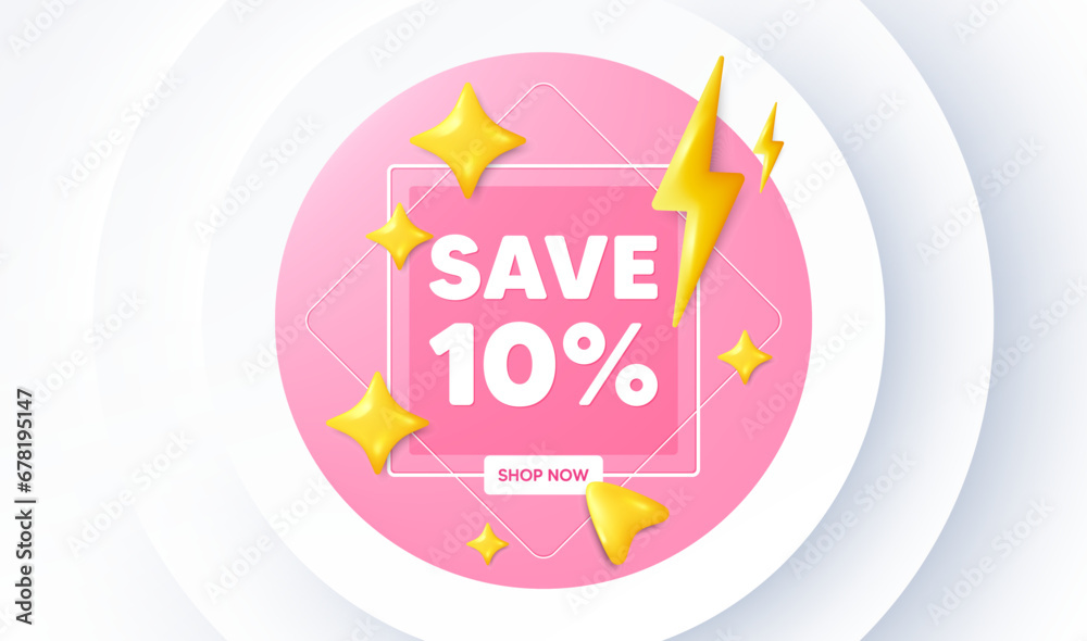 Save 10 percent off tag. Neumorphic promotion banner. Sale Discount offer price sign. Special offer symbol. Discount message. 3d stars with energy thunderbolt. Vector