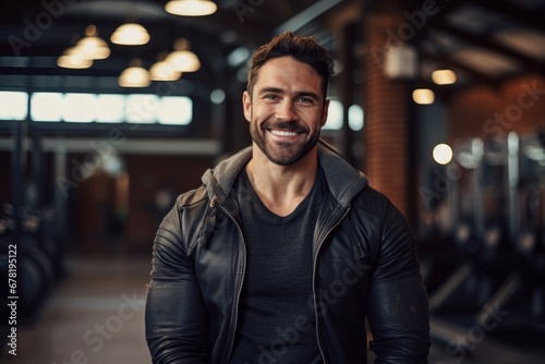Portrait of a smiling man in his 30s sporting a rugged denim jacket against a dynamic fitness gym background. AI Generation