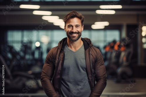 Portrait of a smiling man in his 30s sporting a rugged denim jacket against a dynamic fitness gym background. AI Generation © CogniLens