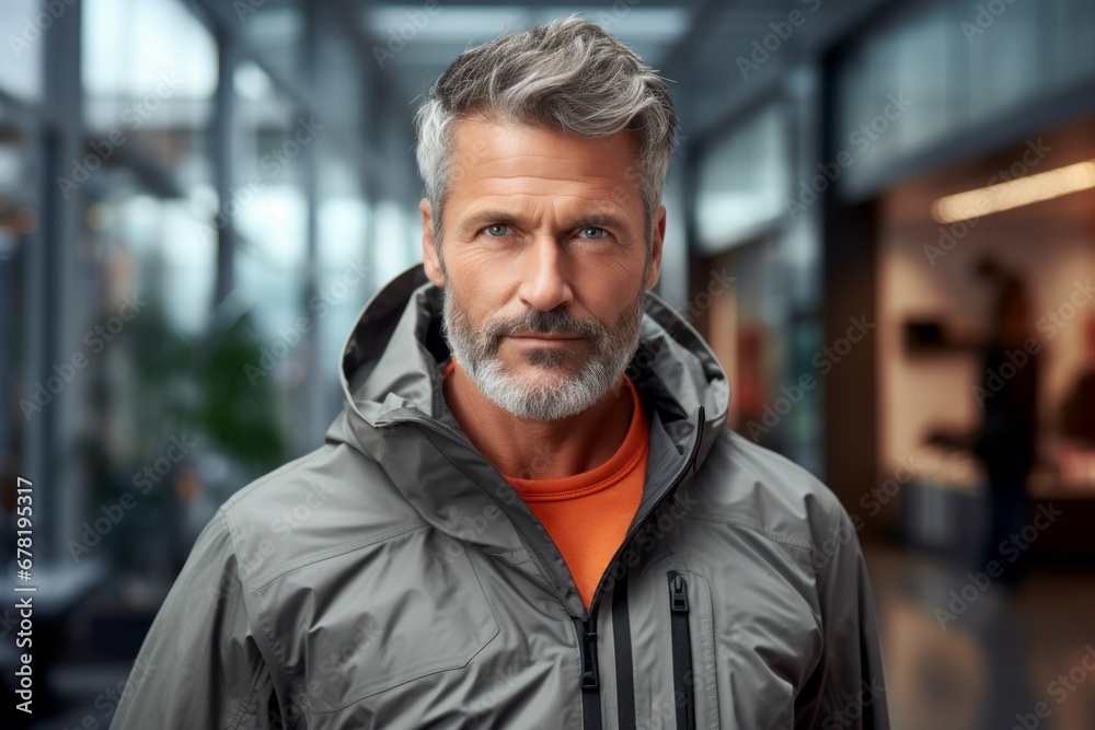 Portrait of a tender man in his 50s wearing a windproof softshell against a dynamic fitness gym background. AI Generation