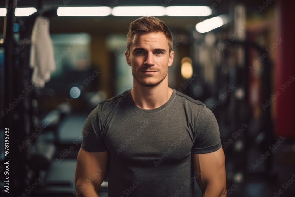 Portrait of a tender man in his 20s sporting a vintage band t-shirt against a dynamic fitness gym background. AI Generation