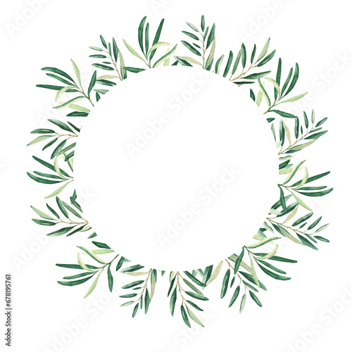 Watercolor olive wreath, circle frame or border. Isolated on white background. Hand drawn botanical illustration. Can be used for cards, logos and cosmetic design.