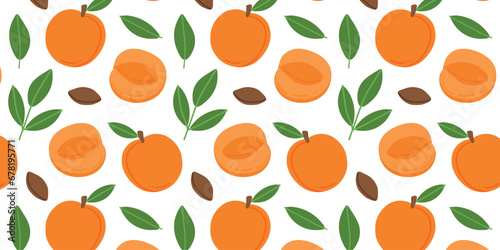 Fruits of apricot on a white color background. Apricot with leaves vector pattern. Seamless vector floral pattern. Repeating design for fabric, drawing labels, wallpaper, fruit background.