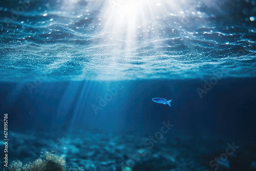 Blurry Underwater of tropical sea, sun rays passing through water.. beautiful underwater with coral and fish in sea