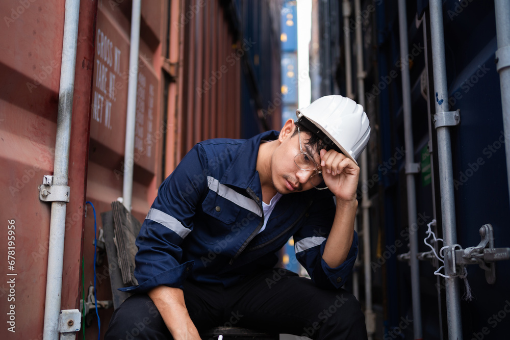 The foreman inspects product details and is tired from the hot weather. Technician concept in container yard. The foreman inspects product details and is tired from the hot weather. Technician concept in container yard.