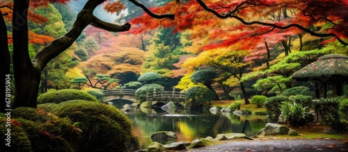 In the background of a beautiful Japanese garden a lush forest with vibrant green leaves reveals the enchanting autumn colors of nature while the mountains stand tall as a testament to the 