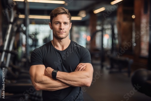 Portrait of a tender man in his 20s sporting a vintage band t-shirt against a dynamic fitness gym background. AI Generation
