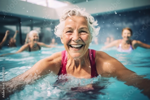 Active senior women enjoy an aqua fit class in a pool  exuding joy and camaraderie while embodying a healthy and retired lifestyle.