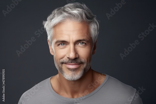 Aging mature man with gray hair and happy smiling.adult man with healthy face skin