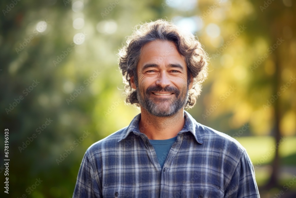 Portrait of a smiling man in his 40s dressed in a relaxed flannel shirt against a bright and cheerful park background. AI Generation Portrait of a smiling man in his 40s dressed in a relaxed flannel shirt against a bright and cheerful park background. AI Generation