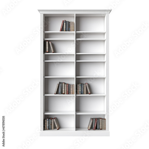 White bookshelf with books, transparent background, png