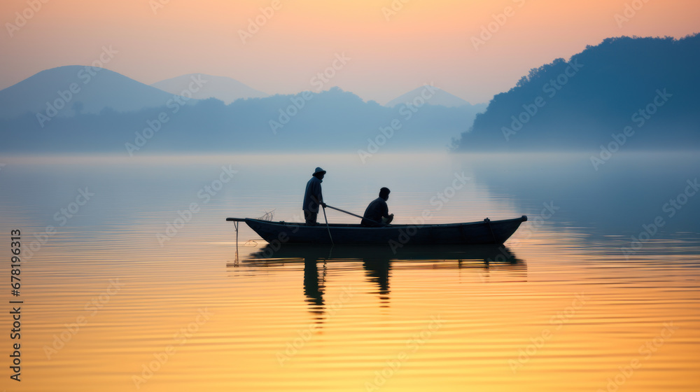 Fishermen on Boat in Misty Lake at Dawn