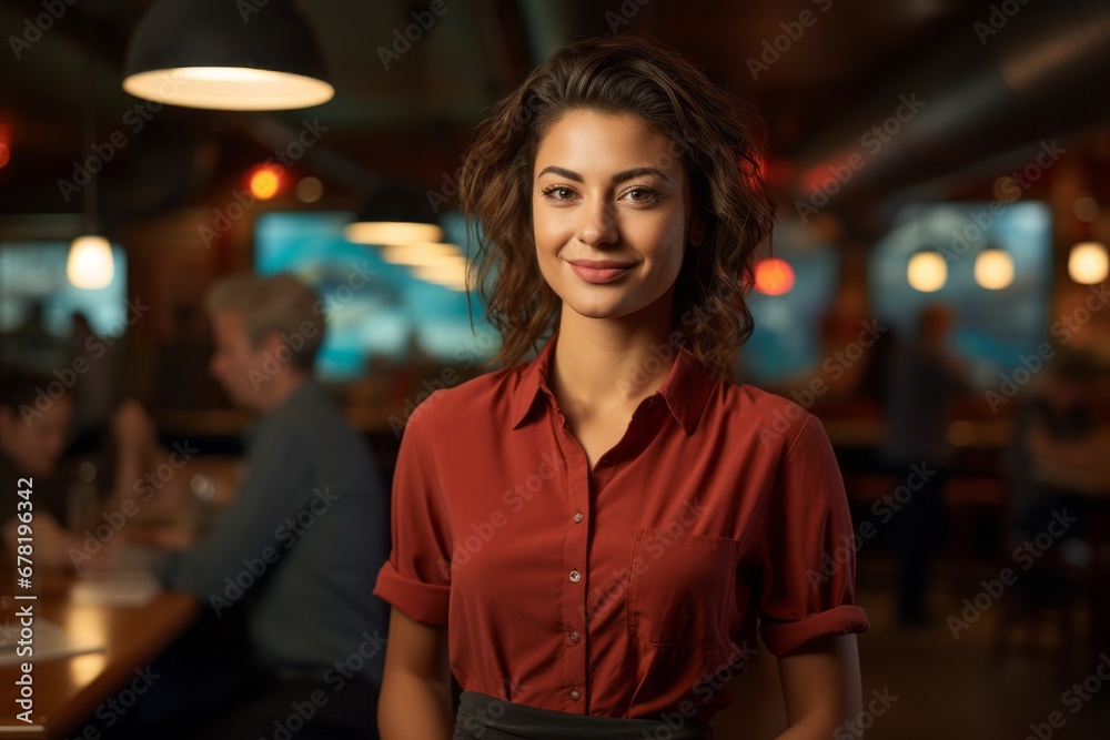 Portrait of a glad woman in her 30s sporting a vented fishing shirt against a bustling restaurant background. AI Generation