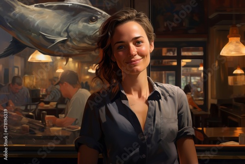 Portrait of a glad woman in her 30s sporting a vented fishing shirt against a bustling restaurant background. AI Generation © CogniLens