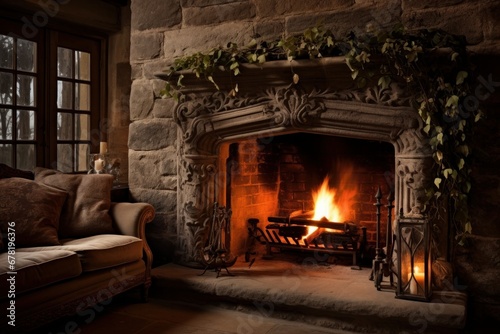beautiful cozy fireplace - Cozy dark rustic living room with big floor to ceiling windows and a fireplace © JK2507