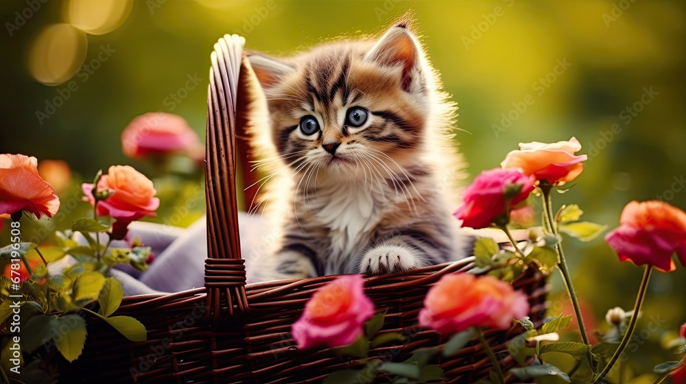 kitten in basket, Tiny cat in a basket on the flowery ground