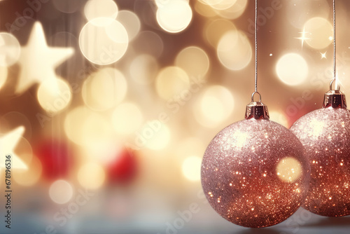 Christmas glass balls on the blurred background with bokeh. Winter holidays greeting card.