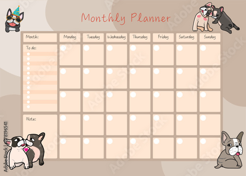 cute month plan week and day French bulldog design color calendar template 