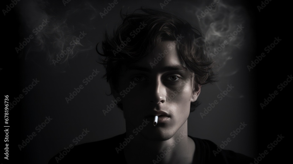 Young smoking face serious sad - obrazy, fototapety, plakaty 