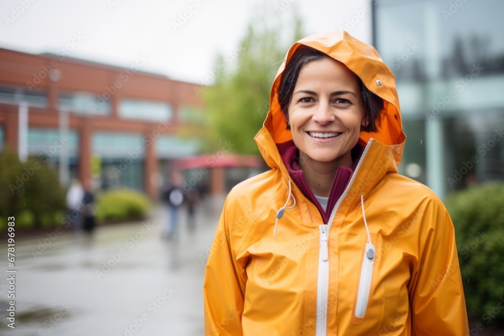 Portrait of a smiling woman in her 40s wearing a vibrant raincoat against a modern university campus background. AI Generation