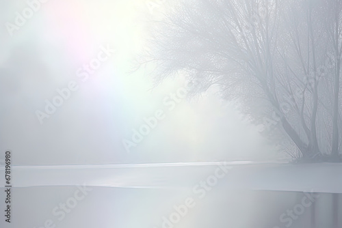A tree sitting next to a lake in the fog and a frozen rainbow air, generative AI White monochrome background