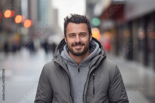 Portrait of a smiling man in his 40s wearing a thermal fleece pullover against a bustling city street background. AI Generation