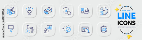 Buy currency, Budget accounting and Bitcoin project line icons for web app. Pack of Medical tablet, Search photo, Change money pictogram icons. Loan percent, Table lamp, Medical pills signs. Vector