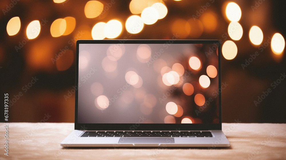 Laptop on a wooden table with bokeh lights in the background. Laptop on a wooden table with bokeh lights in the background.