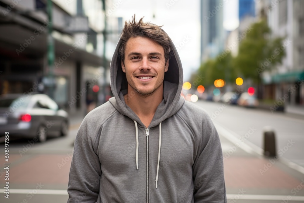 Portrait of a satisfied man in his 20s wearing a zip-up fleece hoodie against a bustling city street background. AI Generation Portrait of a satisfied man in his 20s wearing a zip-up fleece hoodie against a bustling city street background. AI Generation
