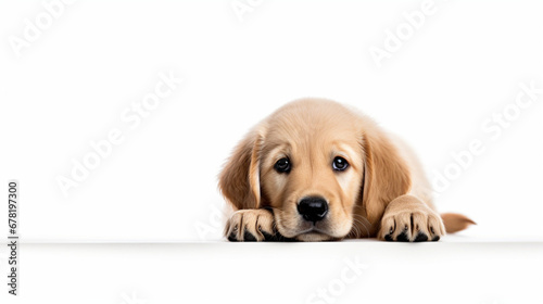 A puppy golden retriever on a white background with left space for text, 