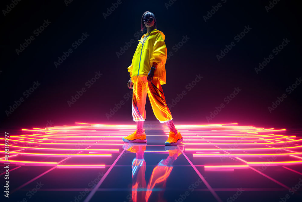 African woman in neon costume and neon shoes, in the style of futuristic pop, luminous color palette African woman in neon costume and neon shoes, in the style of futuristic pop, luminous color palette