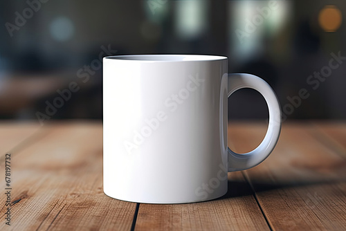 cup of coffee on wooden table  A mockup of a white coffee mug