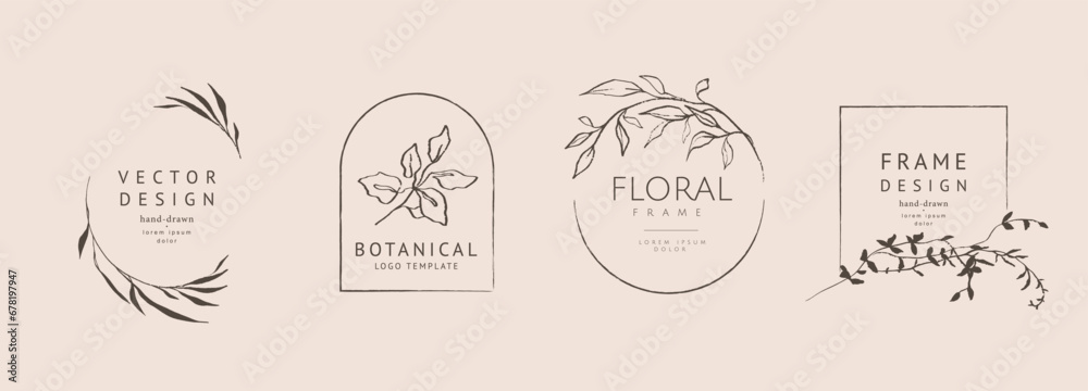 Luxury logo templates with hand drawn trendy plant, branch, flower and leaf elements in line sketch style. Elegant vector floral frame for label, corporate identity, wedding invitation, save the date - obrazy, fototapety, plakaty 