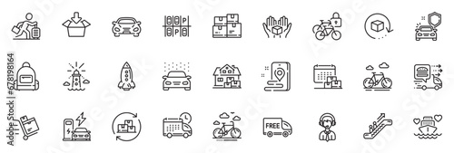 Icons pack as Bicycle lockers, Parking place and Lighthouse line icons for app include Car, Car secure, Get box outline thin icon web set. Home moving, Food delivery, Return package pictogram. Vector