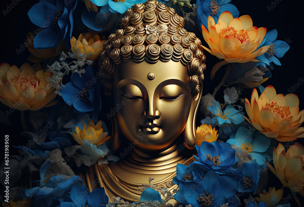 Glowing golden buddha decorated with flowers