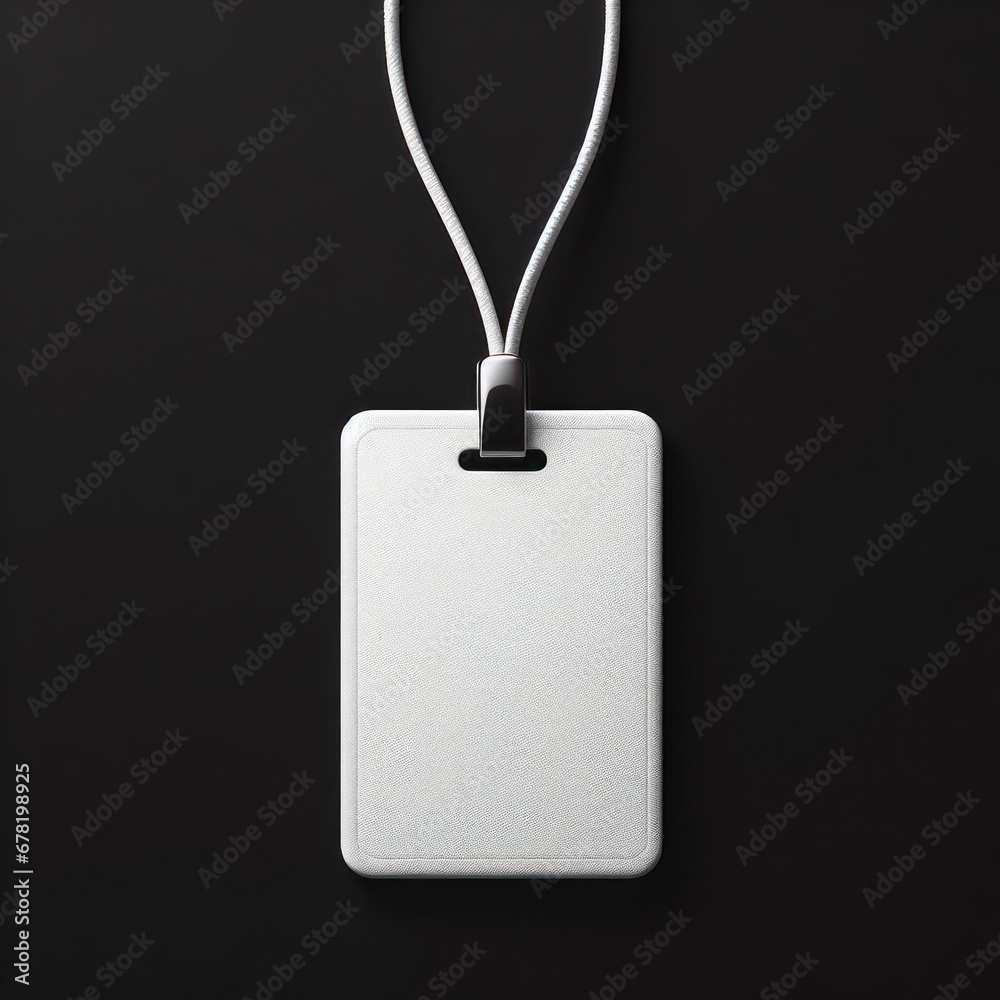 Blank badge mockup isolated on black. Plain empty name tag mock up hanging on neck with string. ai generative Blank badge mockup isolated on black. Plain empty name tag mock up hanging on neck with string. ai generative