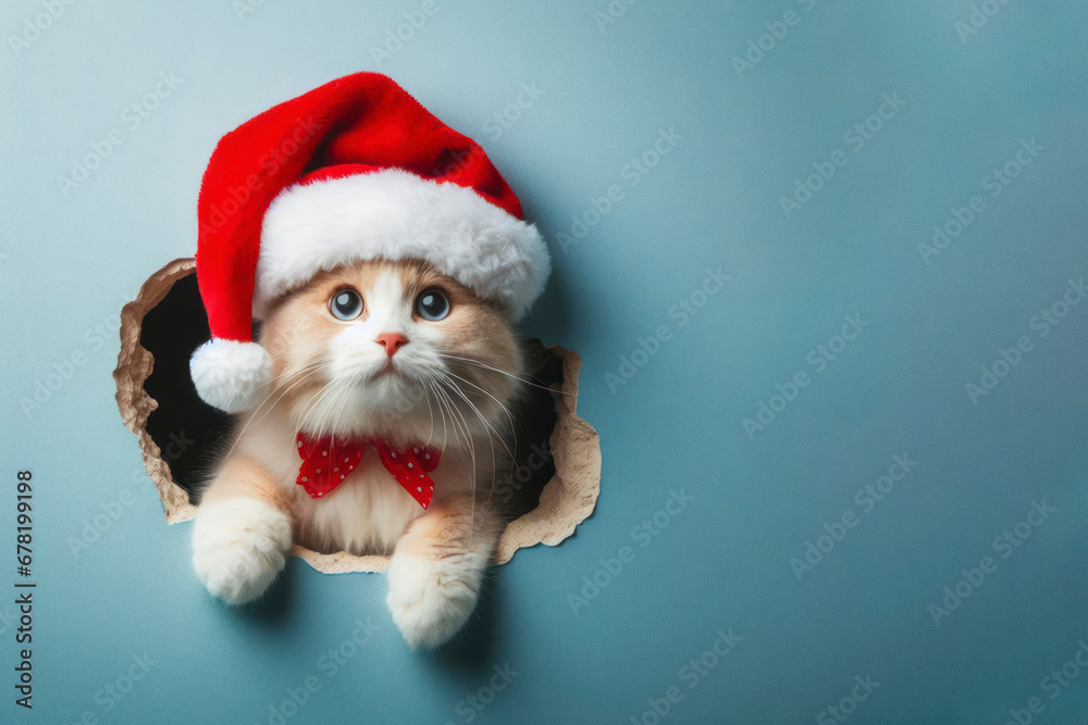 Christmas and new year concept, A cat wearing a red santa hat peeks out of a hole in the blue wall. ai generative